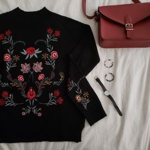 Embroidered Floral Black Mock Neck Sweater